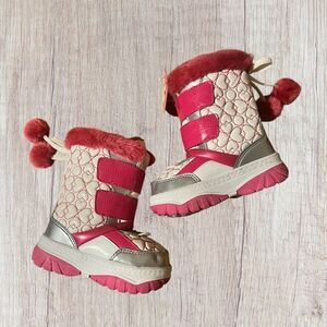 Buster Brown Barbie Pink ,White Hearts & Pom Pom Toddler Snow Boots